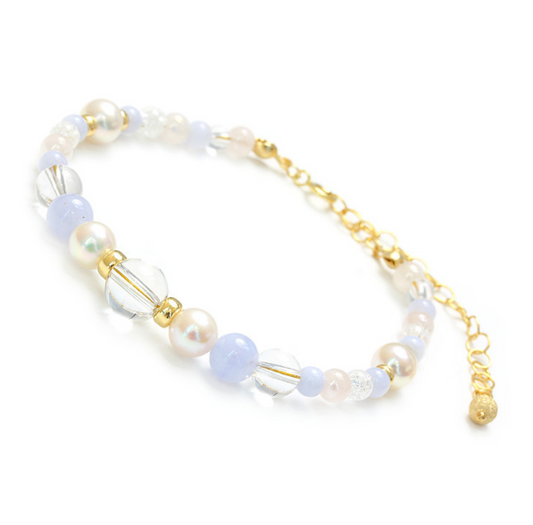 Bracelet perle Akoya &amp; dentelle bleue Agate &amp; Rose Aura, rempli de 14KG