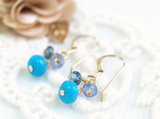 Turquoise & Aquamarine & Tanzanite earrings, K14G Filled